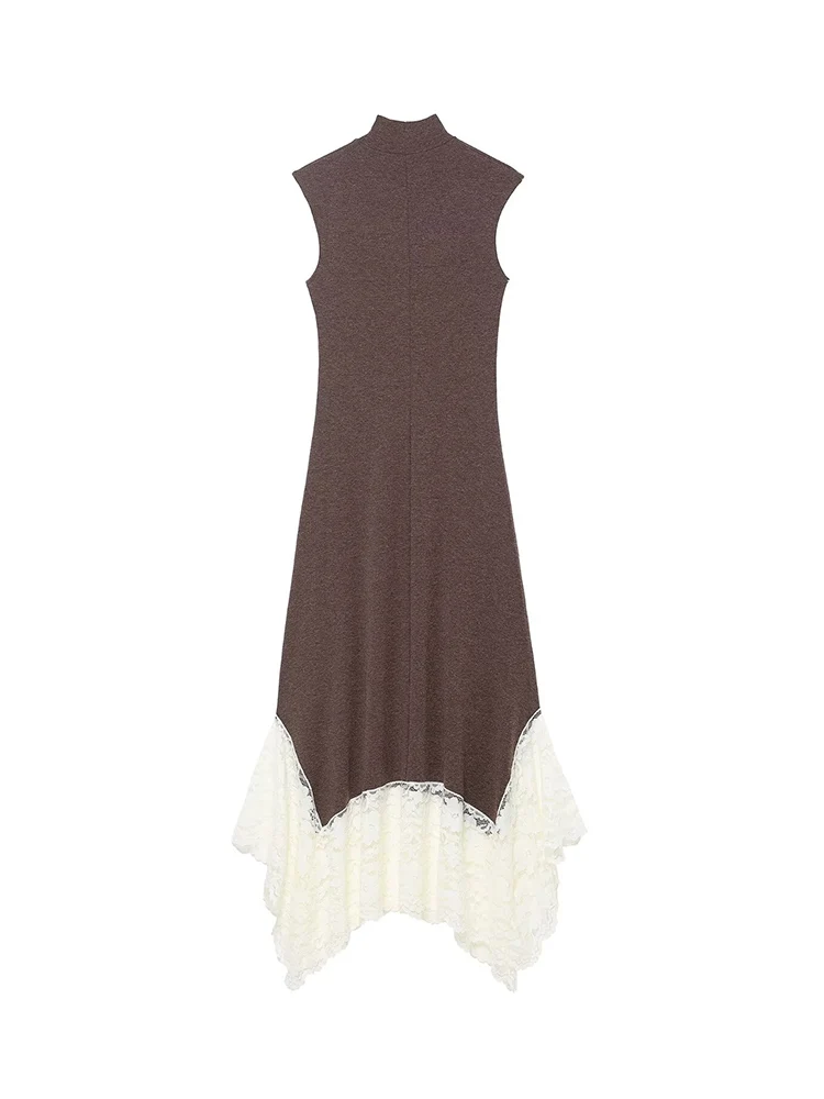 New Women's Sleeveless Long Dresses Solid Lace Spliced Turtleneck Slim Fit Knitted Dress Streetwear Elegant Fashion Lady Outfit