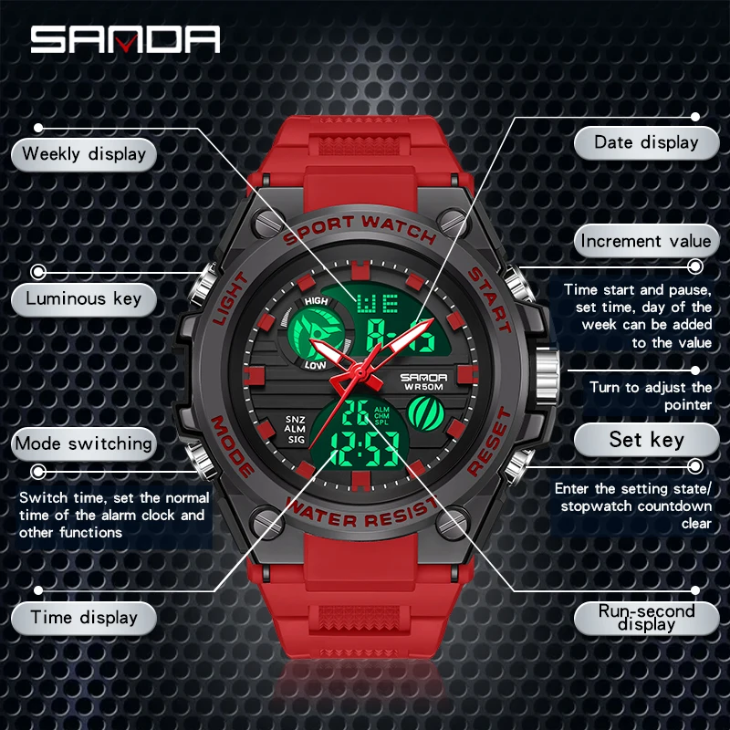 SANDA Men's Watches Sports Outdoor Waterproof Military Wrist Watch Tactics LED Alarm Stopwatch 2023 New Fashion Clock 9011