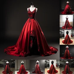 Custom Red Satin and Black Lace Edge Applique Strapless Full Length Lace Up Back Evening Dress Brithday Elagant Clothing  W1-15