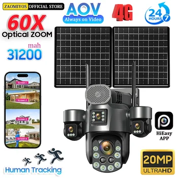 ZAOMIYOS 20MP Four Screen 4G SIM AOV Solar Surveillance Camera Outdoor 60X Optical Zoom Auto Track Security 24/7 Record PTZ Cam 1
