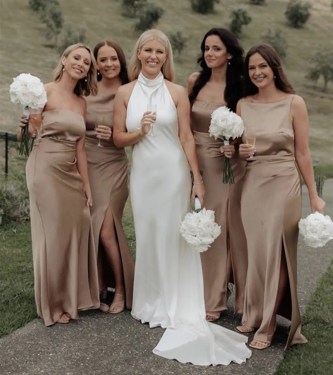 

Classic Long Halter Satin Wedding Dresses Sweep Train Mermaid Sleeveless Backless Bridal Gowns for Women