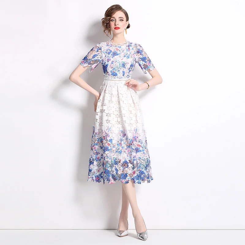 

Женское приталенное платье с коротким рукавом, Привлекательное элегантное платье миди во французском стиле с круглым вырезом и газовым принтом, лето 2024