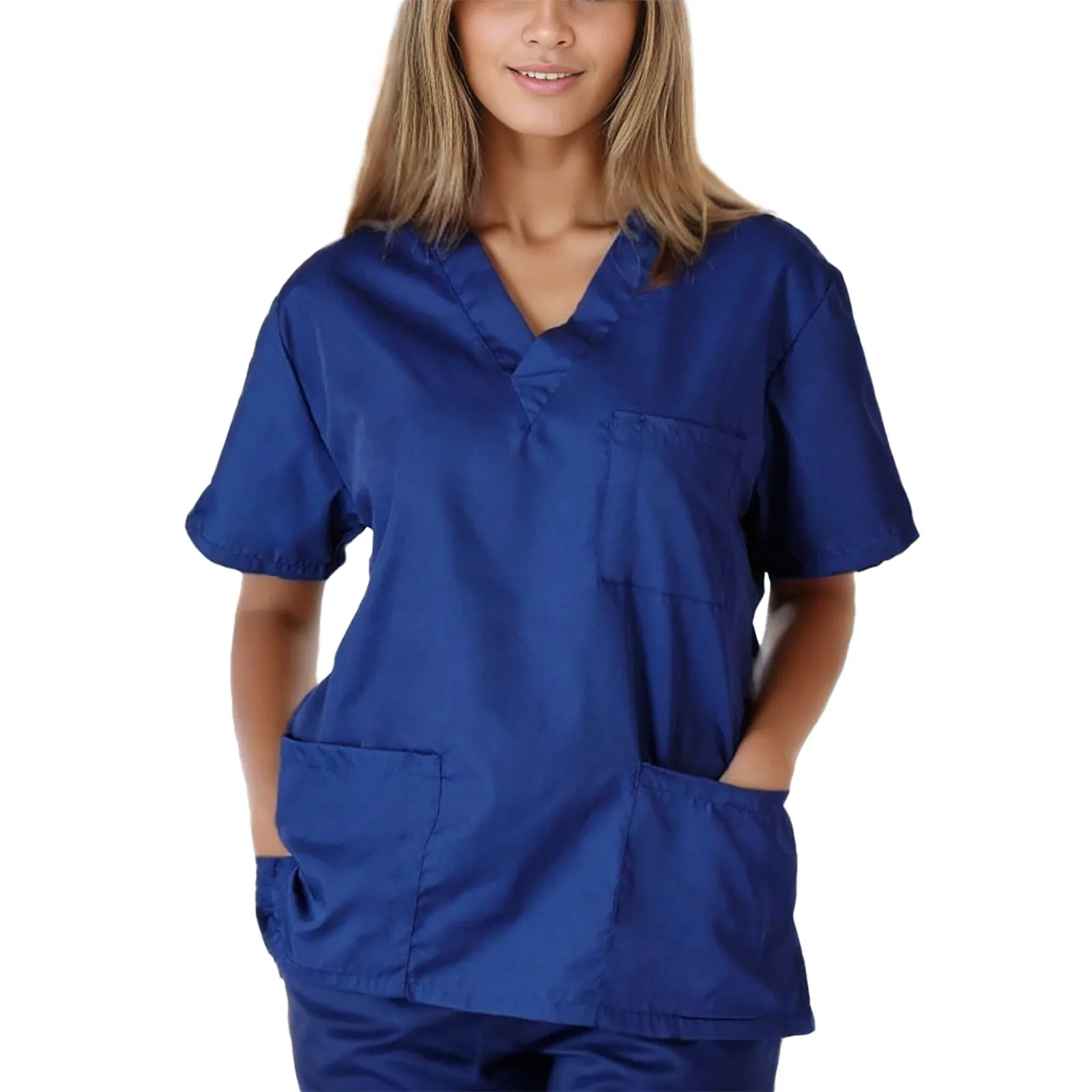 

Summer Nurse Uniform Short Sleeve V-neck Scrub Tops With Pocket Solid Loose Shirt Unisex Work Wear Men Women Nursing Uniform