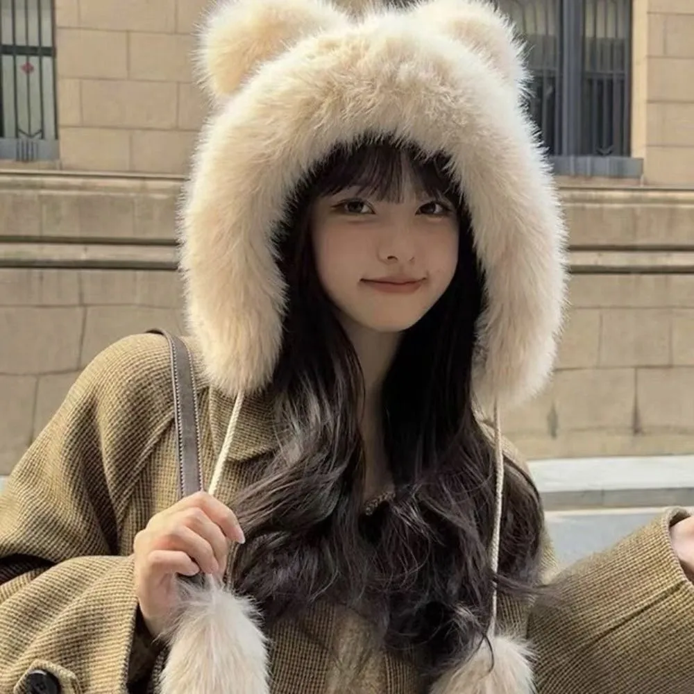 Cute Warm Winter Hat Ear Protection Velvet Bear Ears Hat Lacing Rabbit Ear Woolen Bucket Hat Women