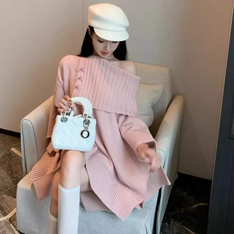 Autumn and Winter New One-word Shoulder Bow Solid Color Women's Sweater Elegant Fashion Loose Cape Coat Knitwear Pullover Top