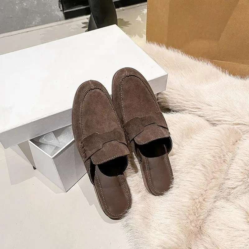 Summer New Muller Shoes Flat Bottom Half Slippers Genuine Leather Baotou Women's Shoes