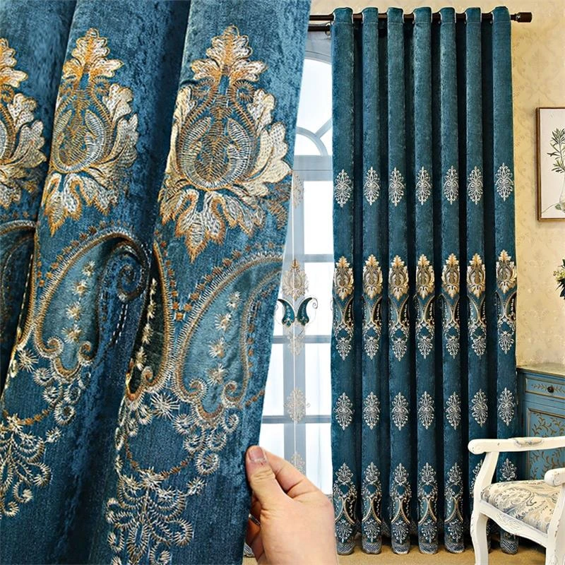 New European Style Embroidered Luxury Palace Curtains Thick Chenille Blackout Curtains Custom for Living Dining Room Bedroom