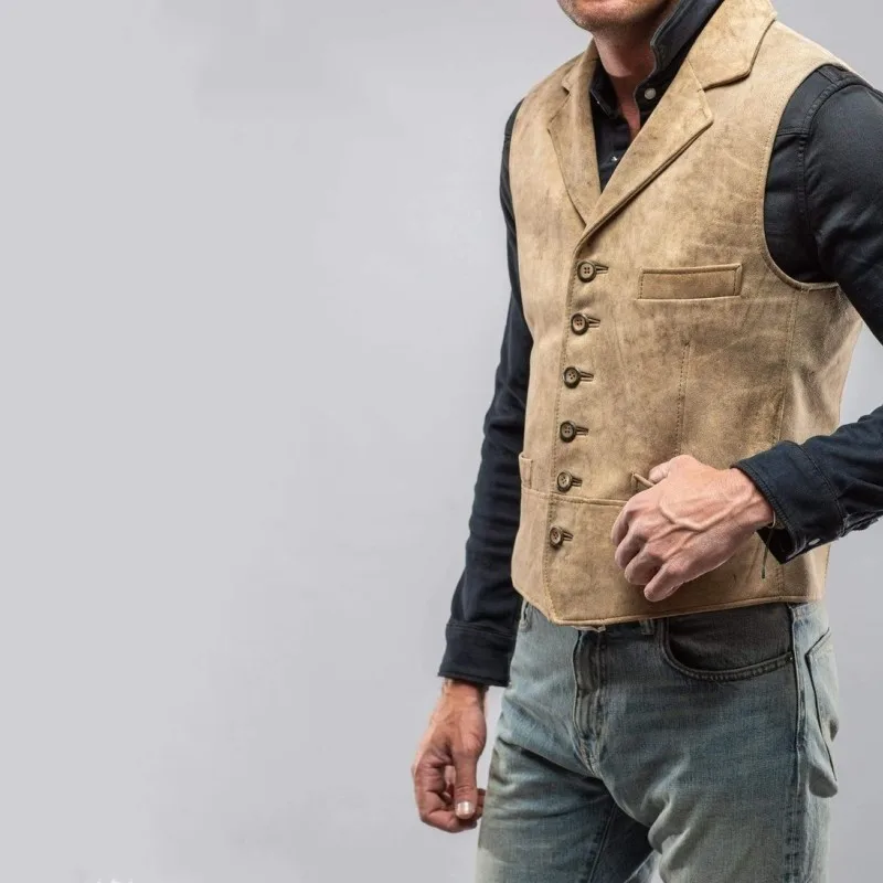 Men's Suit Lapel Single -breasted Steam Punk Suede Solid Sleeveless Jacket Retro Denim Western Handsome Fashion Casual Vest 2023 3