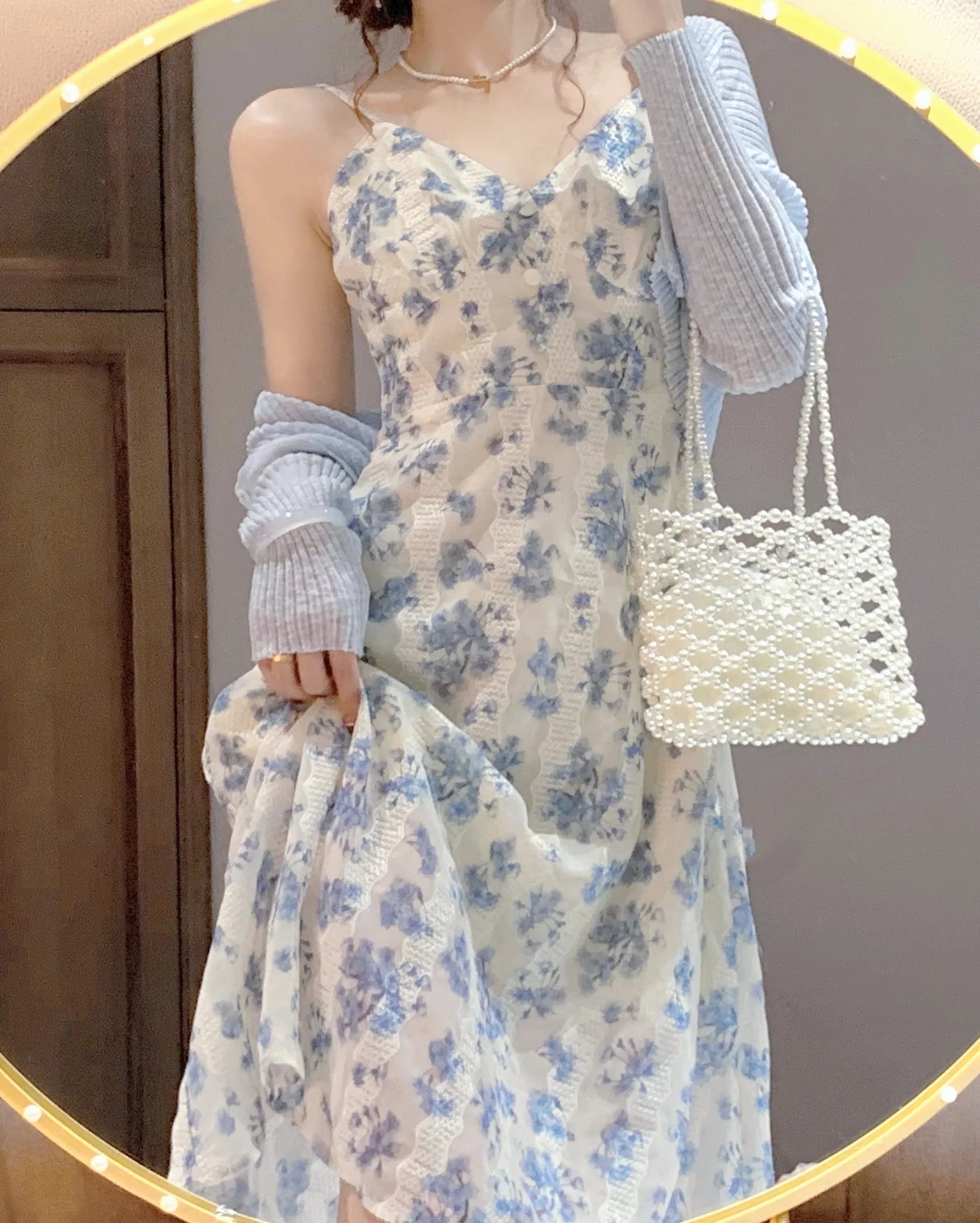

Sleeveless Summer Long Dresses Women Chiffon Floral Suspender Dress for Women Waist Tight, Sweet and Spicy Skirt Suit