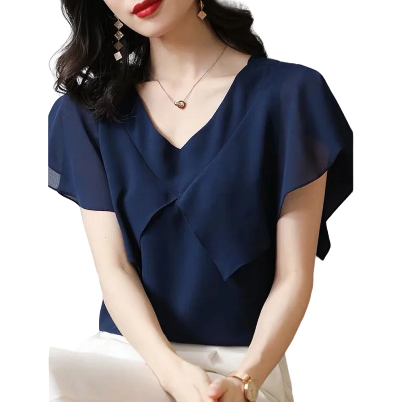 

2023 Spring Summer Korean Tops Ruffle V-neck Chiffon Women Blouses Office Lady Elegant Casual Shirts Tops Female blusas