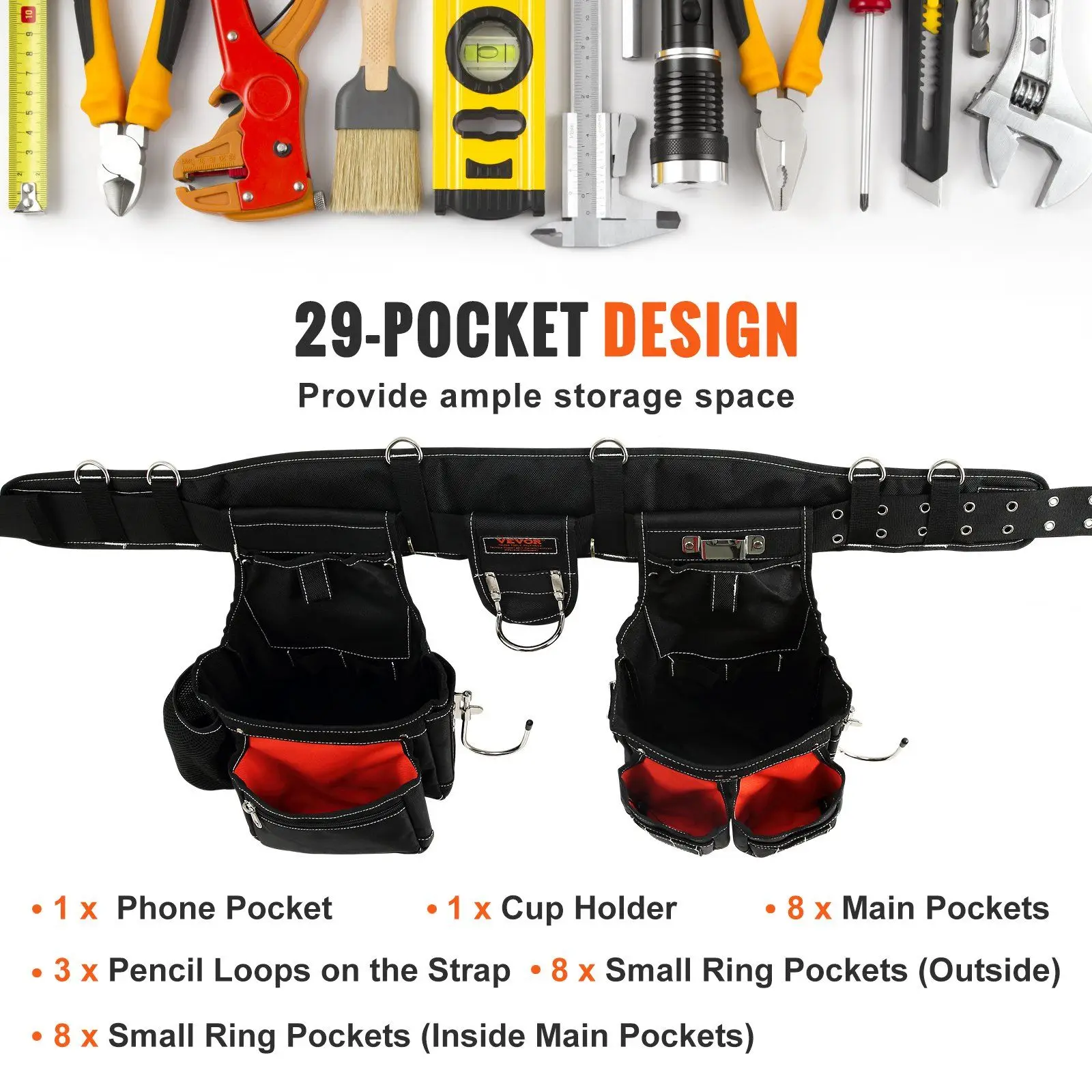 Tool Belt with Suspenders 1680D Polyester, 29 Pockets, 29-54 inches Adjustable Waist Size, Tool Belts for Men, Heavy Duty Carpen 5