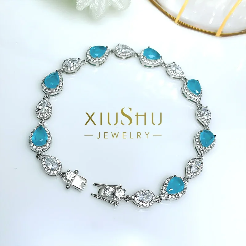 Desire Light Luxury Artificial Paraiba Bracciale Water Drop Pear 925 Silver New Banquet Style