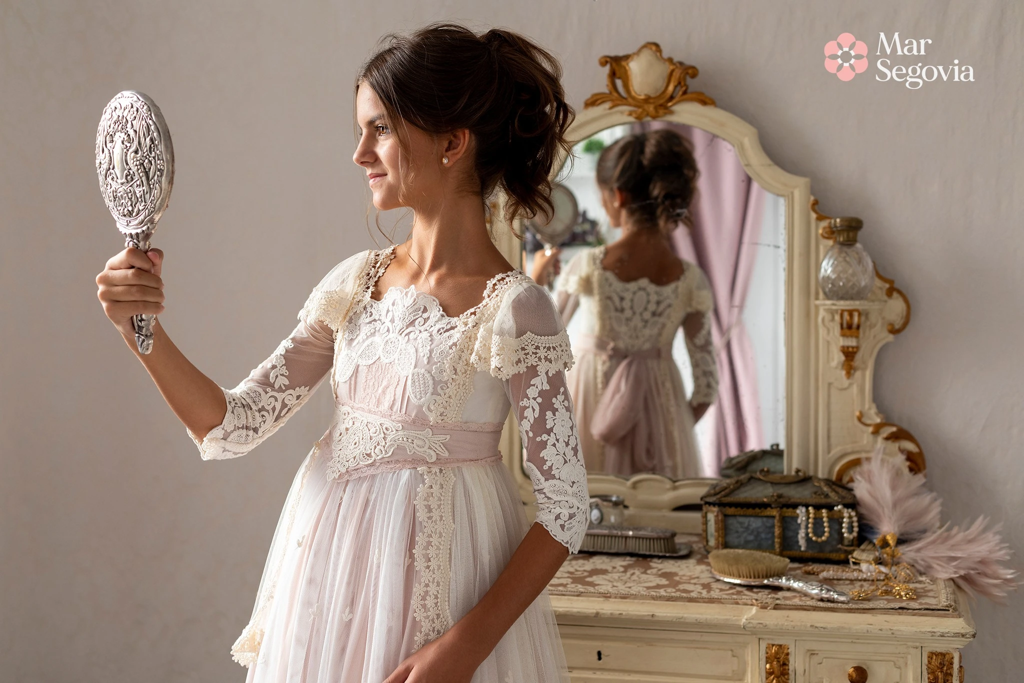 BABYONLIN CustomizedCommunion Ceremony Dress Lac Full Illusion Laces Half-Sleeve Layered Floral Belt Embroidery MiniBride Gowns