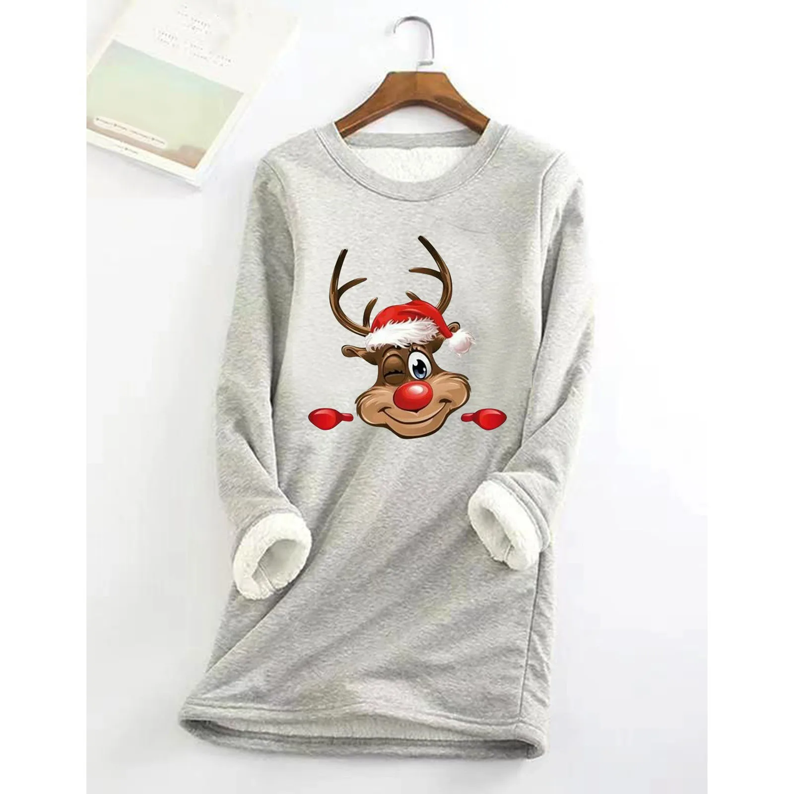 

2023 New Fleece Keep Warm Bottoming Women Clothing Christmas Cute Cartoon Elk Printed Hoodies Sweatshirt Xmas Pullovers Tops