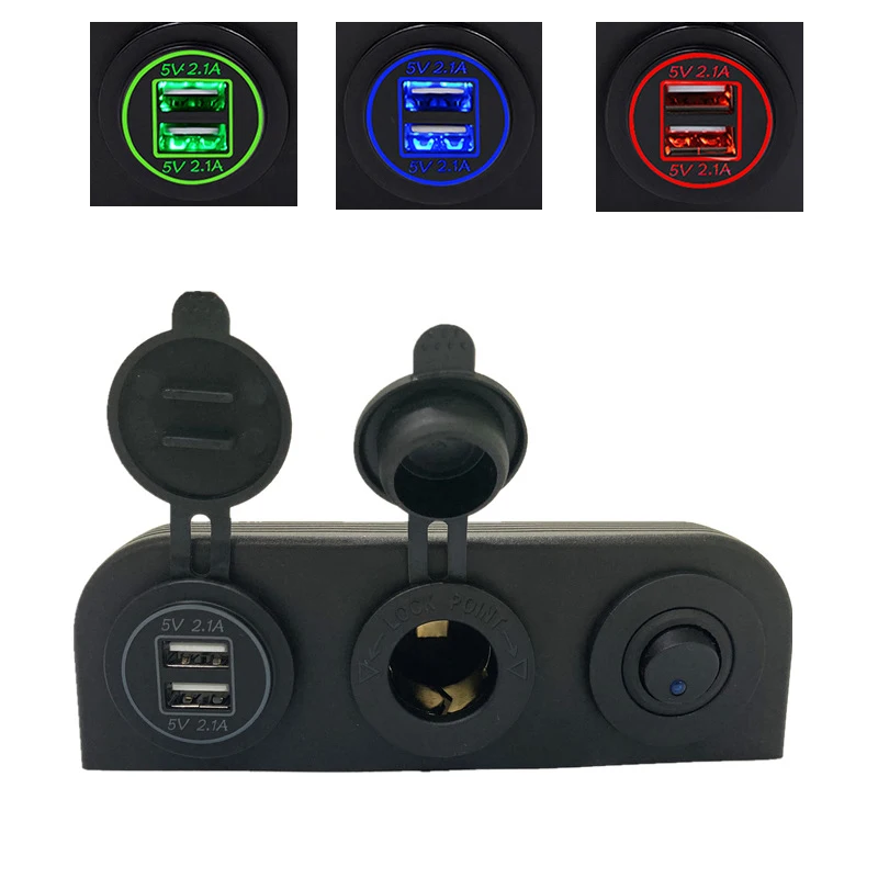 

3 in 1 Tent Type Cigarette Lighter Socket Dual USB Car Charger Ports Switch Botton Combination for Boat Camper Caravans