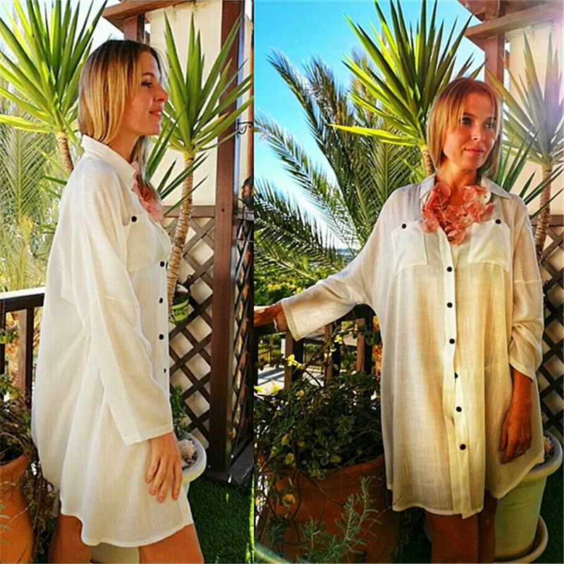Women Summer Fashion Beach Tops Swimsuit Cover Up Summer Long Sleeve White Pocket Button Front Open Shirt Dress N648 6