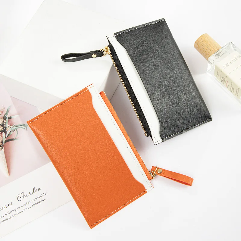 Women's Card Holder Wallet with Zipper, PU Leather Splicing Contrast Color, Small Fresh ID Card Coin Purse, Newest Design