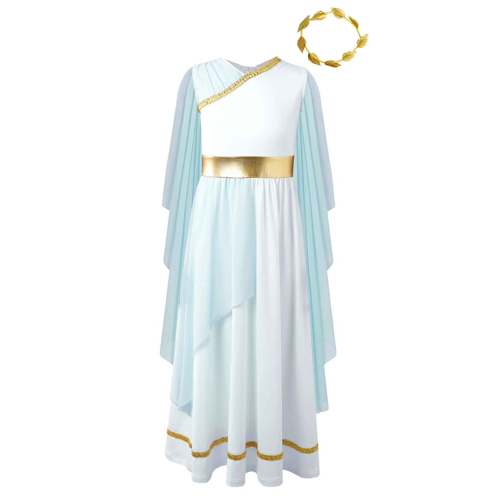 Kids Girls Halloween Ancient Greek Costume Chiffon Cap Sleeve Color Patchwork Gold Belt Dress with Gold Leaves Garland Head Wear 3