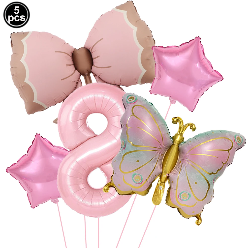Pink Bow Party Decor Set - Includes Banner, Cake Toppers, Straws, Balloons