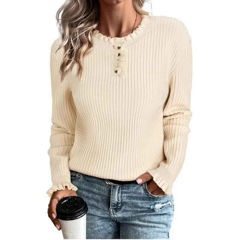 

Round neck Buttons Long sleeve T-shirt Top Loose Solid Color fungus collar women's top casual Fashion Elegant Bottom Shirts