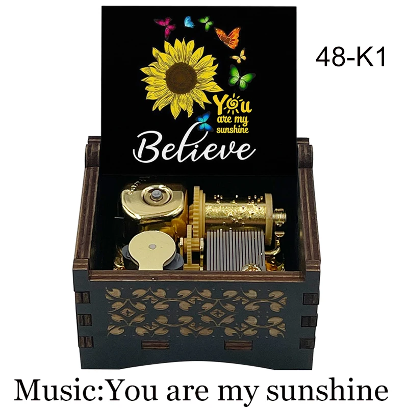 Vintage You Are My Sunshine Black Wooden Music Box, 18 Note Clockwork Musical for Family Christmas Birthday Valentine's Day Gift