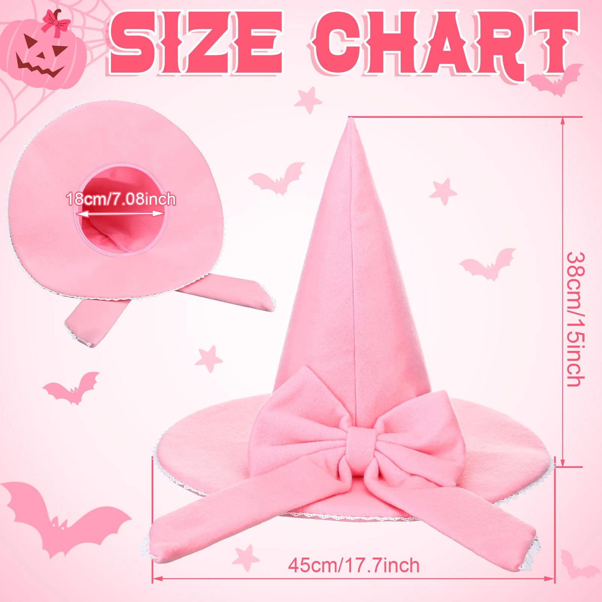 Pink Witch Hat with Bow and Wide Brim Felt Wizard Hat for Halloween Cosplay Pointed Cap Costume Accessory for Women and Girls