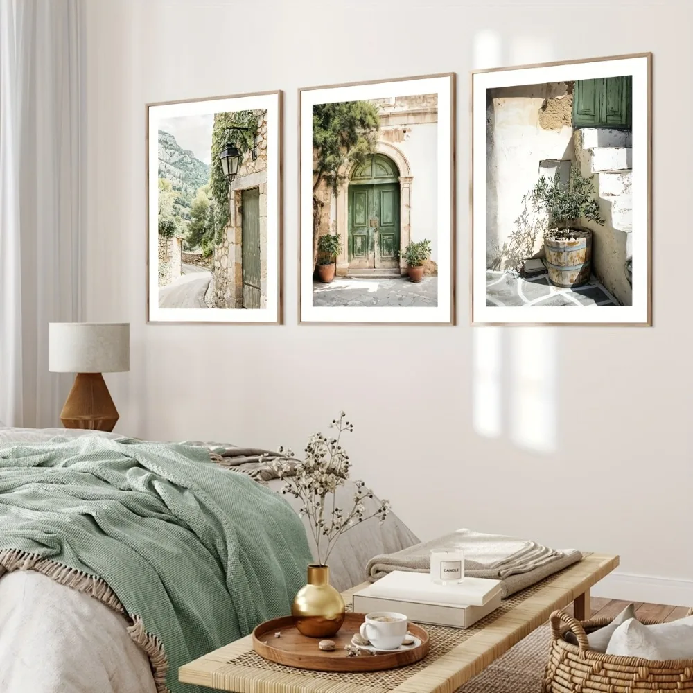 Frameless Green Bohemian Door Print with Olive Tree and Floral Theme