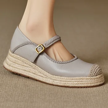 Women's sheepskin round toe metal buckle slip-on Mary Jane flats hemp thick soles platform flats female casual espadrilles shoes 1