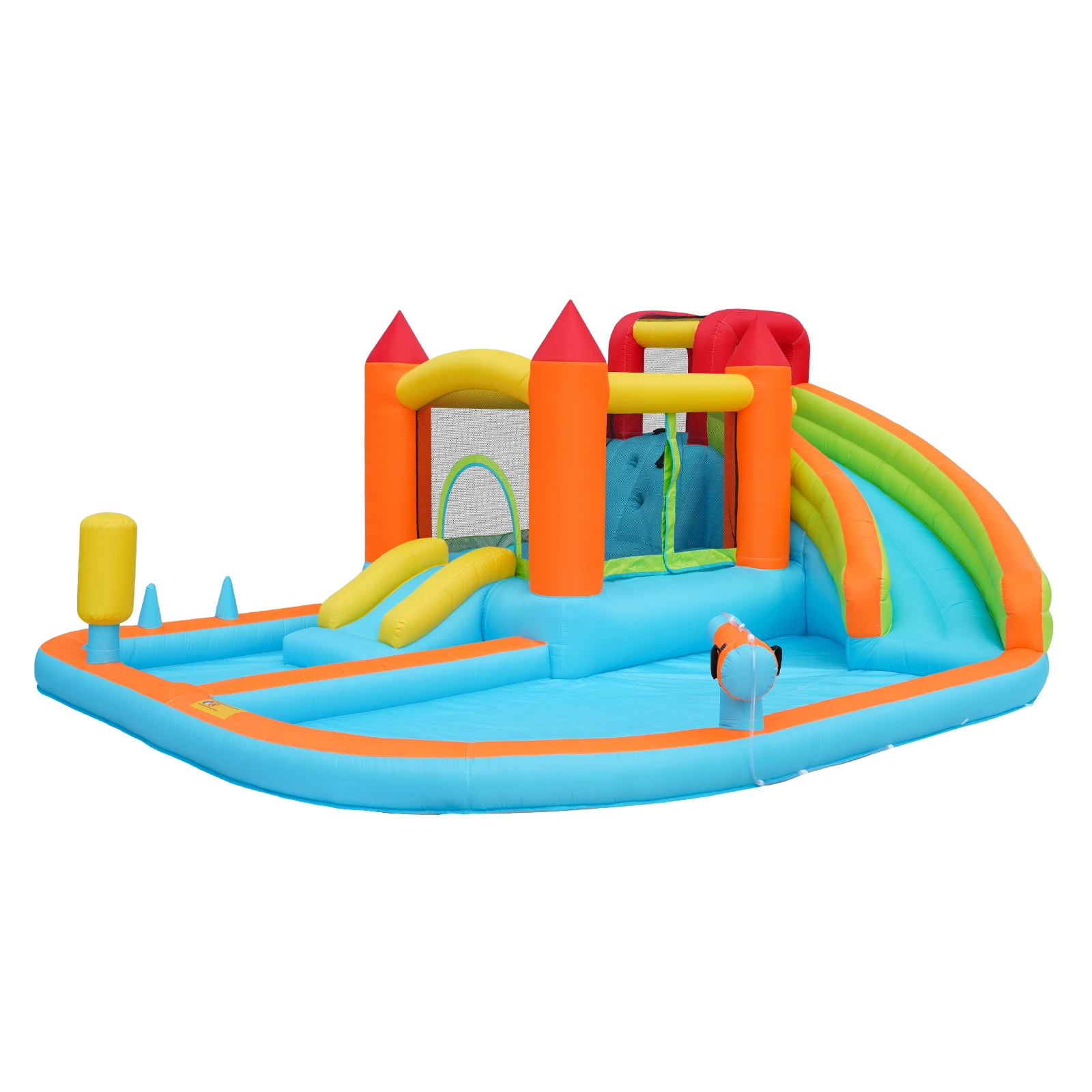 Multifunktionales aufblasbares Outdoor-Hüpfhaus mit Gebläse, Wasserrutsche, Trampolin, Basketballkorb und 2 Poolbereichen für trockene Nutzung. – Detail 11