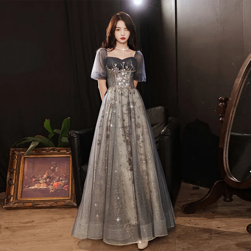 

Women Elegant Short Sleeve A-Line Tulle Prom Dresses Sequin Wedding Formal Party Evening Gowns