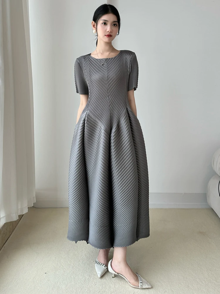 LANMREM High End Purple Pleated Women's Dress 2025 New Round Neck Short Sleeved Spliced Design Ball Gown Summer Dresses 2DB3489 - Image 4