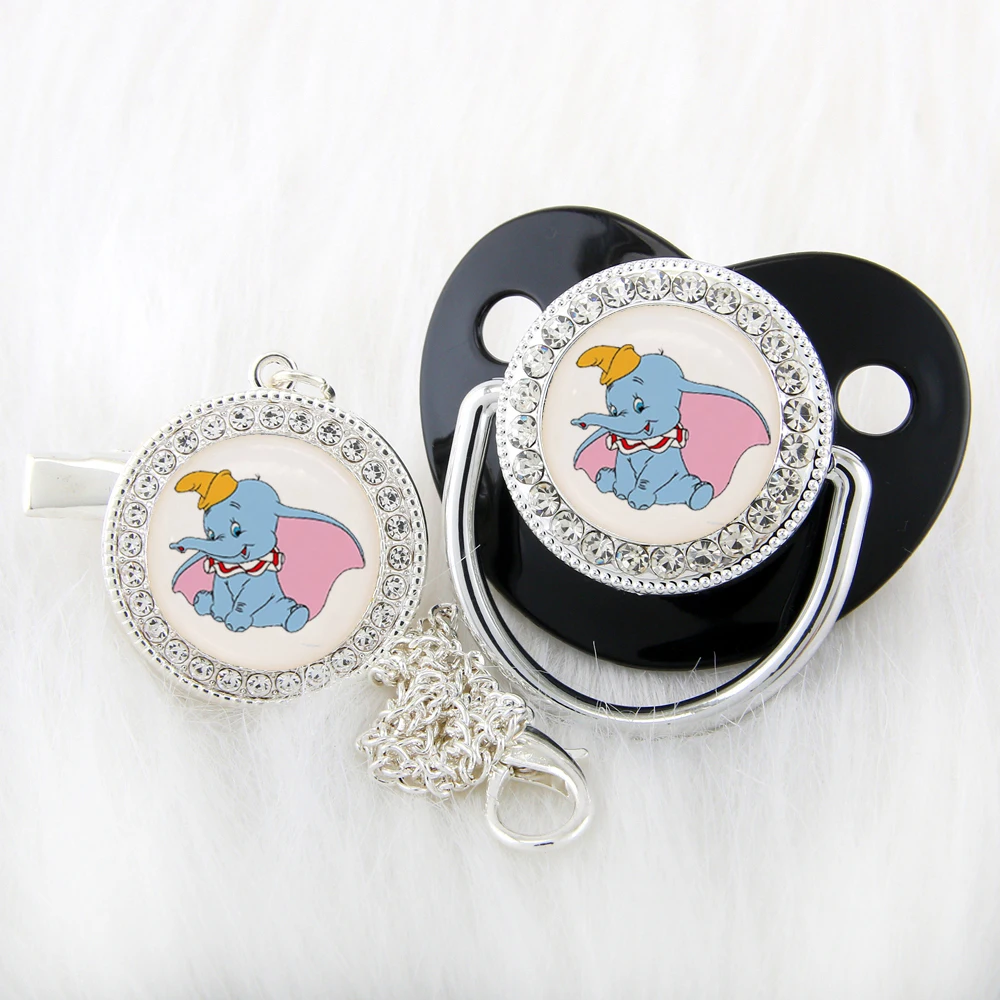 Disney Dumbo Baby Pacifier With Chain Clip Food Grade Silicone Infant Dummy Nipple Bling Rhinestones Newborn Soother Unique Gift baby milk powder scoop