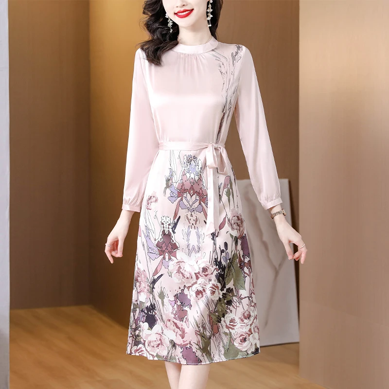 

2023 New Fashion Silk Printed Dress Women's Summer Retro Versatile Long Sleeve Loose Fit Casual Holiday Dress Vestidos