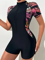 One Piece Floral Swimwear Swim Suit Women Short Sleeve Swimsuit Zip Front Tropical Plant Surfing Sun Protection（No built-in bra - Image 5