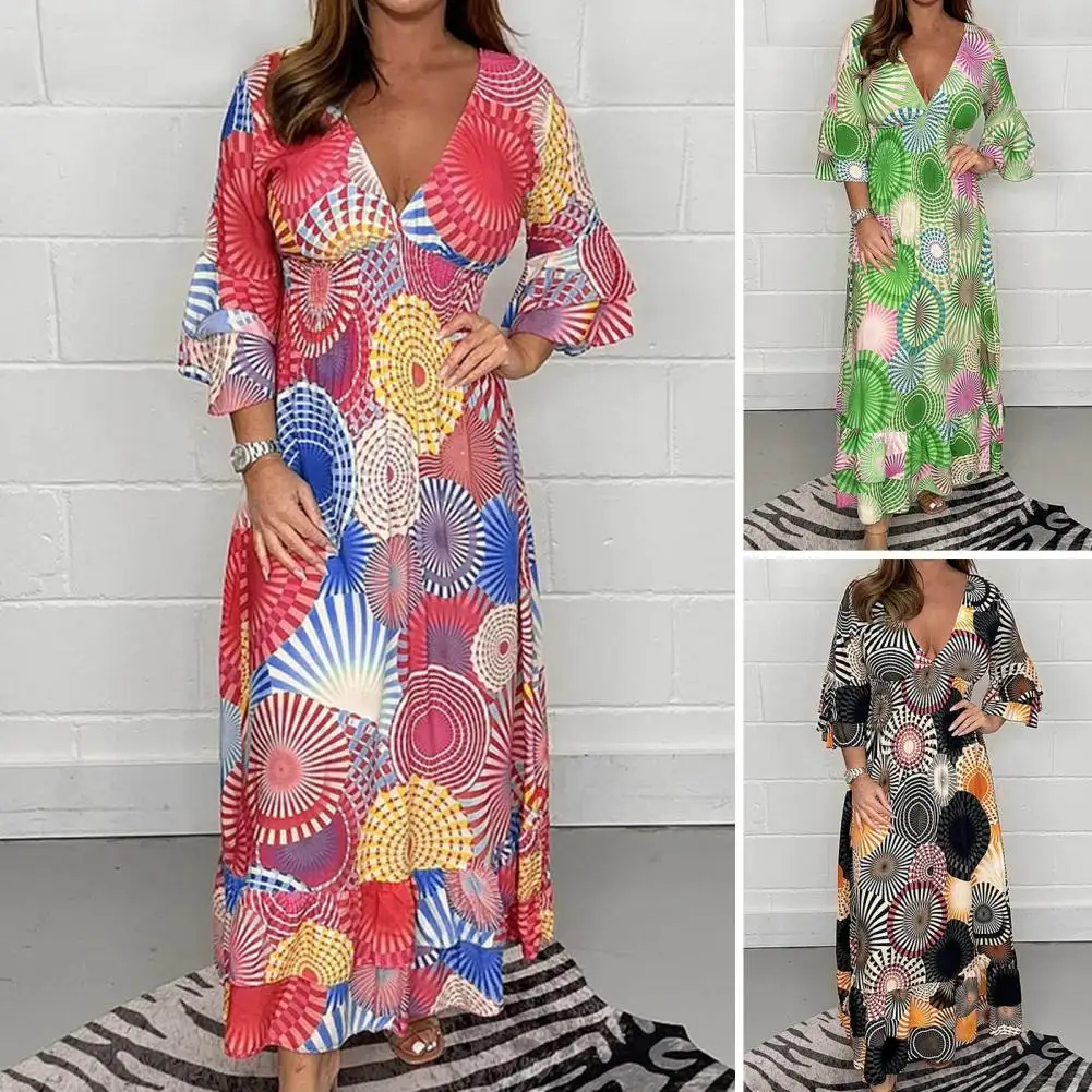 

Ruffled Hem Dress Vibrant Patchwork Maxi Dress with Deep V Neck Trumpet Sleeves Ankle Length Loose Hem Women's Spring Fall