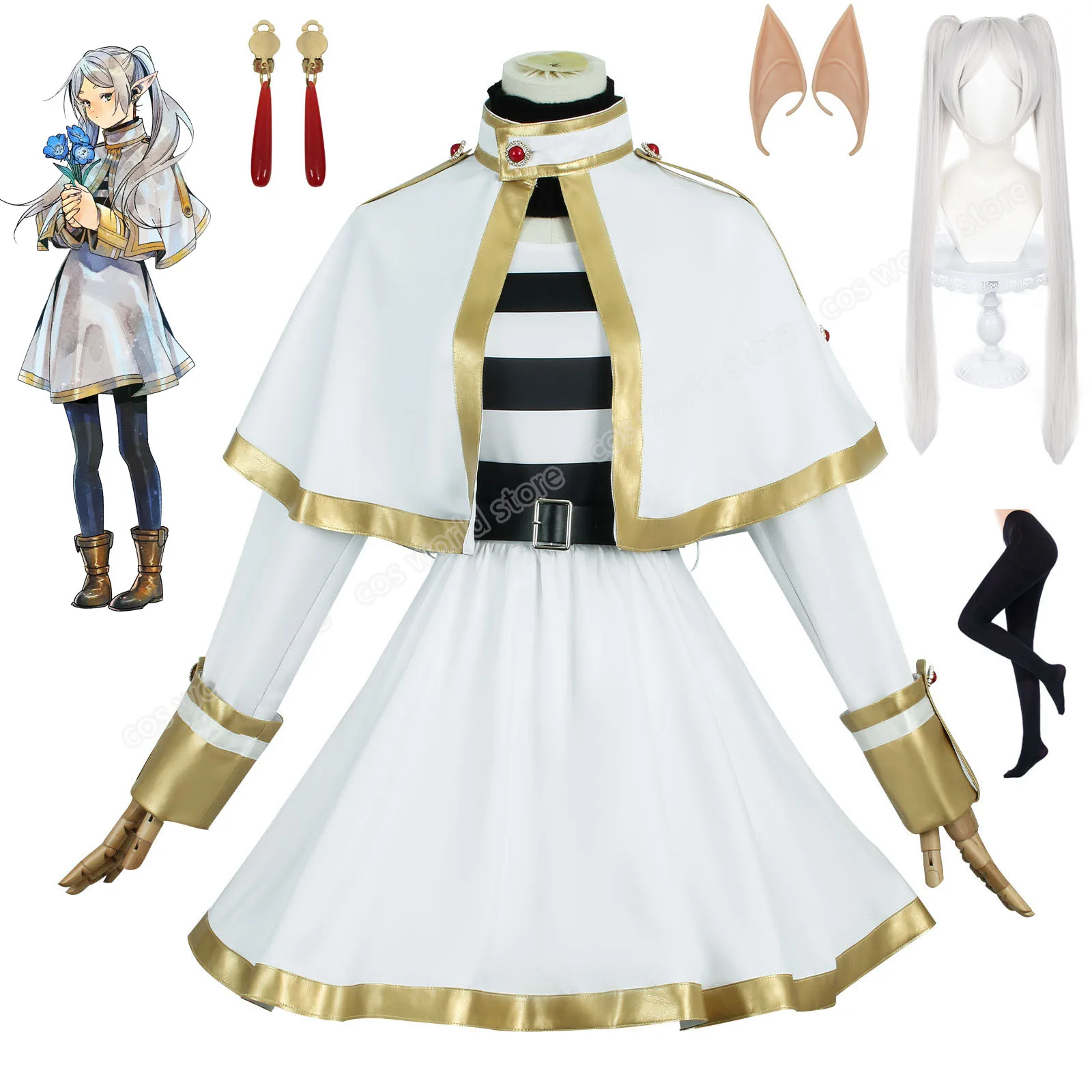 

Frieren Beyond Journey's End Anime Frieren Cosplay Costume Women Shawl Cloak Dress Earrings Wig Grey Ponytail Rose Net Christmas