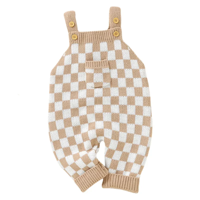 Soft Knitted Checkerboard Baby Romper Overalls for Autumn