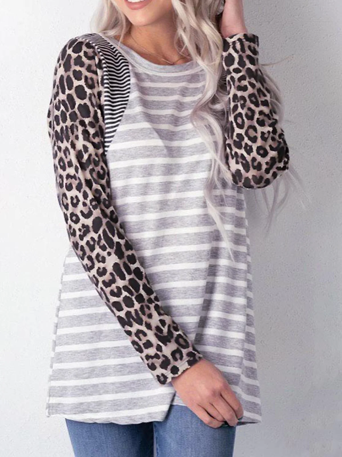 

Striped Leopard Long Sleeve Blouse 2023 Crew Neck Autumn Vintage Fashion Print New Women Elegant Vacation Commuter Comfy Top