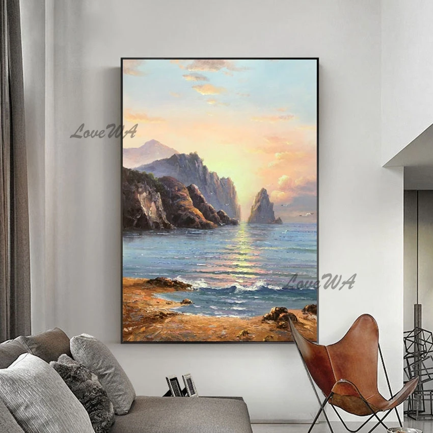 

High Quality The Seaside Sunset Beautiful Landscape Painting Custom Artwork No Framed Wall Art Picture For Hotel Home Canvas