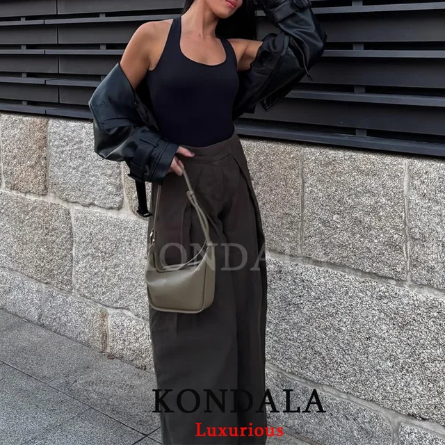 KONDALA Casual Chic Wide Leg Pants Women Office Lady Pockets Pleated Long Trousers Fashion 2026 Spring Summer Streetwear Pants