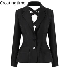 

Creatingtime 2022 Spring Summer New Fashion Tide Women Notched Hollow Out Backless Bow Diamonds Slim High Waist Blazer GA242