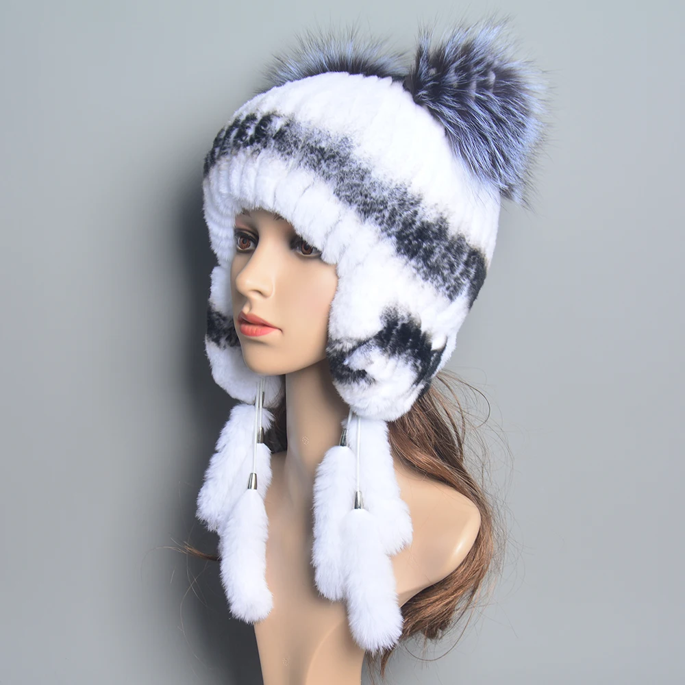 Winter Fur Hat for Women Hat with Ear Real Rex Rabbit Fur Caps