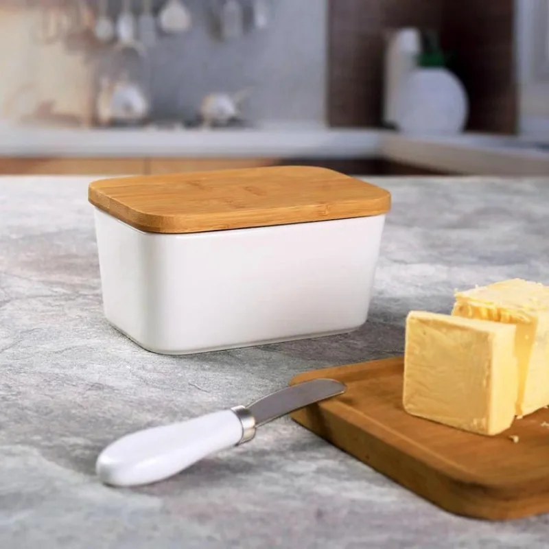 Simple Ceramic Butter Dish with Bamboo Cover Butter Knife Rectangular Sealed Jar Western Cheese Box Storage Jar Tableware butter storage box,ceramic sauce dishes