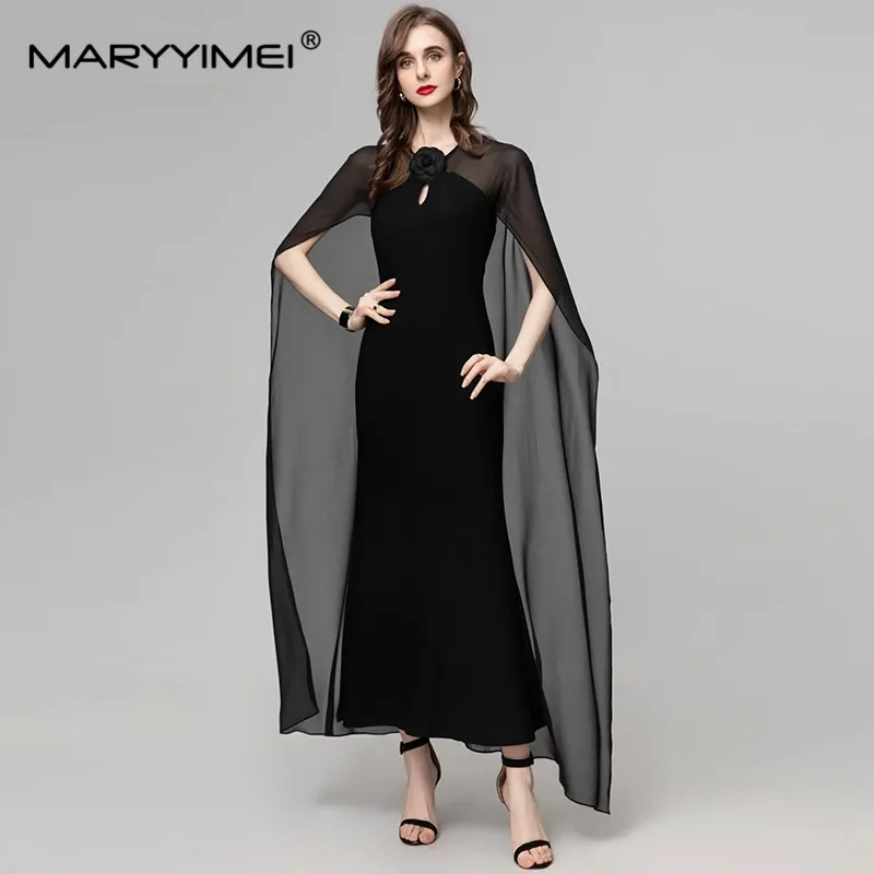 

MARYYIMEI New Fashion Runway Designer Women's Round Neck Bat Sleeve Boho Elegant Three-Dimensional Flower Mid-Length Dress