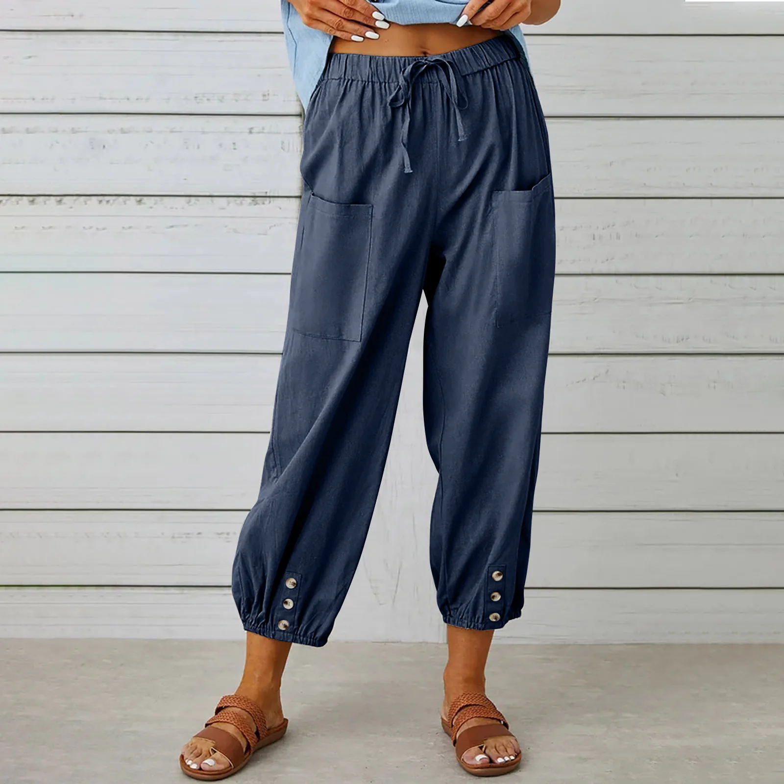 New Baggy High-waisted Buttoned Cotton Hemp Pants Nine-point Wide Leg Pants for Women