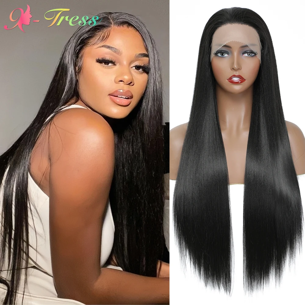 

X-TRESS 13X1.5 Synthetic Lace Front Wig 28 Inch Smooth Long Straight Free Part Lace Wigs For Black Women Heat Resistant Fiber