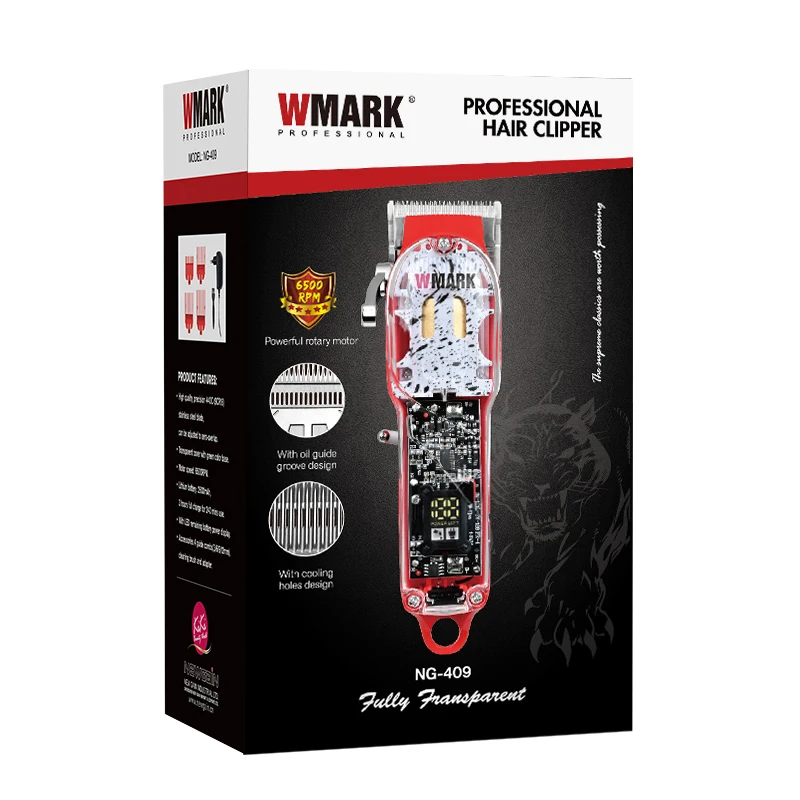 WMARK NG-409 red color Transparent Style Professional Rechargeable Clipper Cord & cordless Hair Trimmer with taper blade ng409