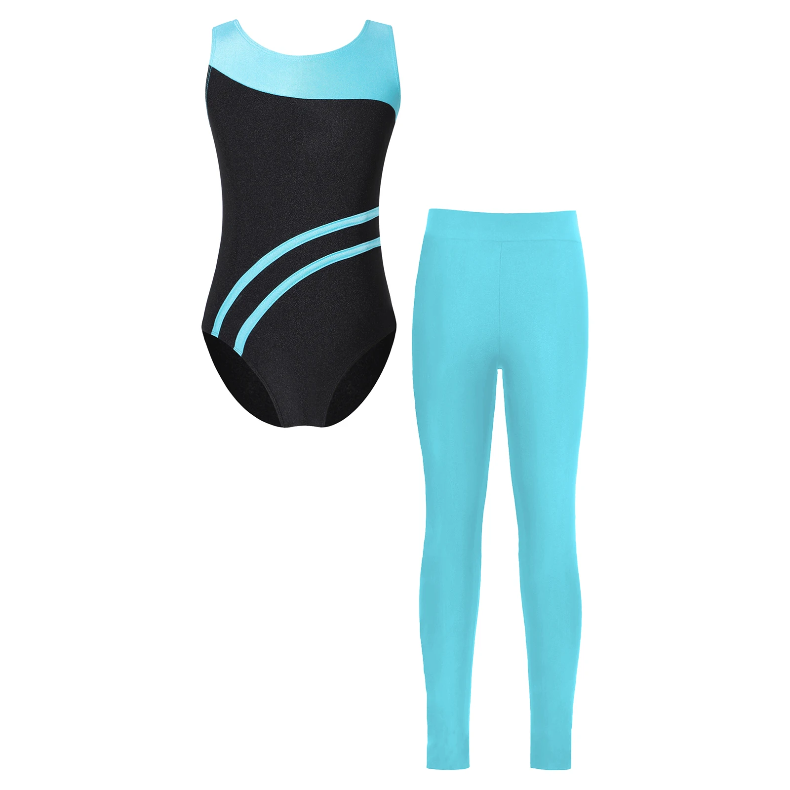 2pcs Kids Girls Dance Suits Open Back Contrast Color Sleeveless Leotard with Soild Color Leggings for Gymnastics Performance