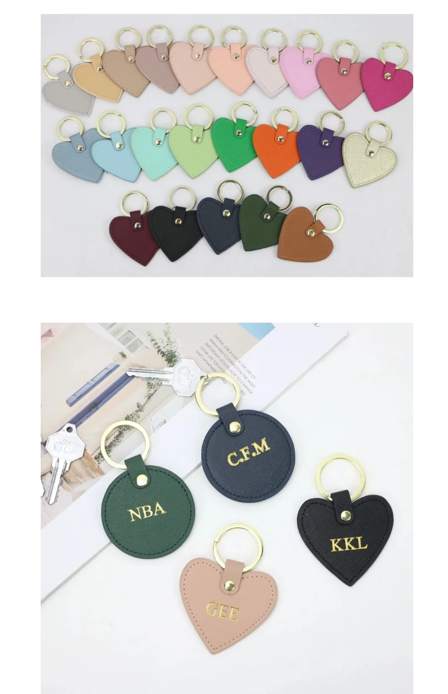 Free custom monogram logo leather keyring saffiano heart shaped kechians for promotion gift keychain ring keychain