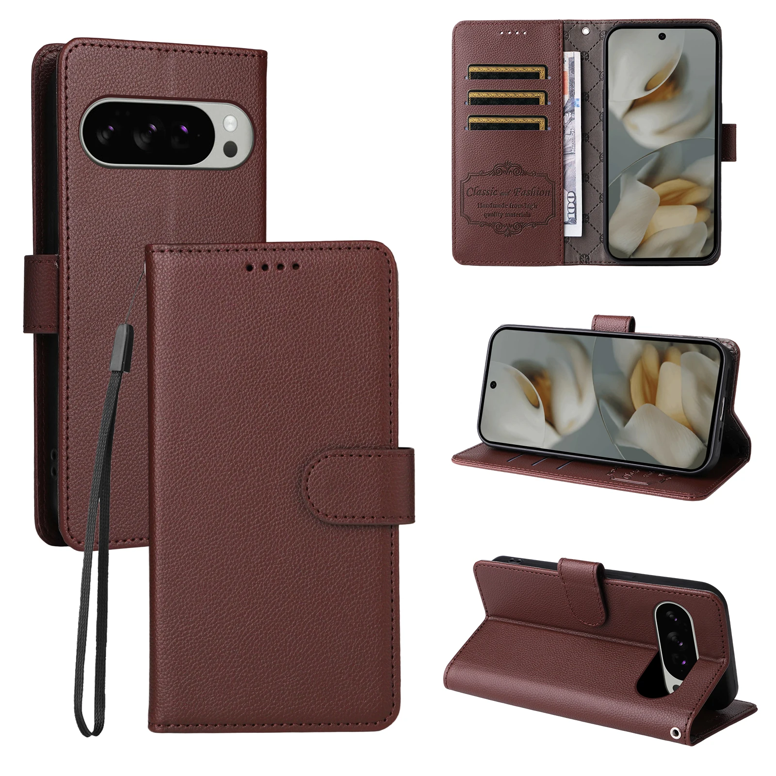 Luxury Litchi Pattern RFID Blocking Wallet Leather Case with Magnetic Flip Cover